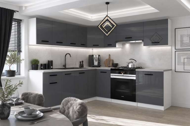 Mobili da cucina 420 cm grigio lucido con piano di lavoro Produttore INF UNIQAPLUS/5/WT/S/0/B1