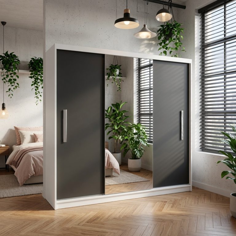 Armadio scorrevole 200 cm PRIMO con specchio nero ebano scuro – Produttore MES PRIMO SZP1/1/W/B/0/AL