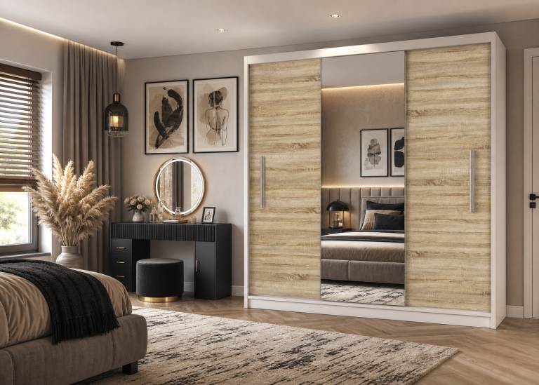 Armadio scorrevole 200 cm PRIMO con specchio rovere wotan / rovere sonoma – Produttore MES PRIMO SZP1/1/W/DS/0/AL