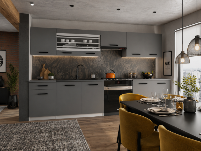 Cucina 260 cm grigio antracite grafite con piano di lavoro – Produttore TOR PRIMO260/3/WT/SR/0/B1