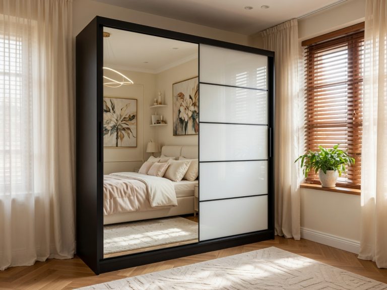 Armadio 200 cm Belini nero opaco / bianco lucido con ante scorrevoli a specchio e cassetti Produttore MGB SZP5/1/B/1L5W/KLP