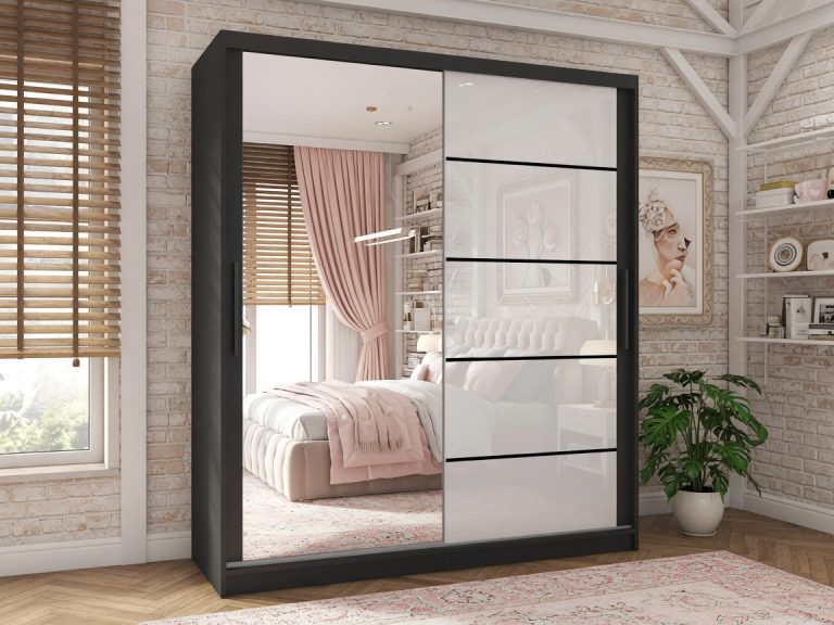 Armadio 200 cm Belini nero opaco / bianco lucido con ante scorrevoli a specchio e cassetti Produttore MGB SZP5/1/B/1L5W/KLP