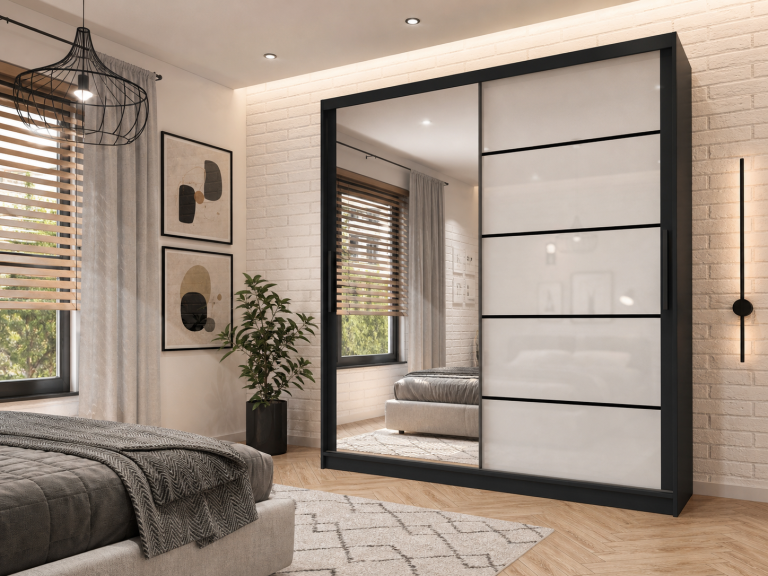 Armadio 200 cm Belini nero opaco / bianco lucido con ante scorrevoli a specchio e cassetti Produttore MGB SZP5/1/B/1L5W/KLP