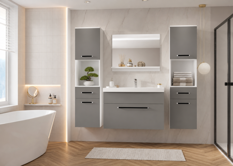Mobili da bagno Belini grigio opaco + lavabo + specchio Produttore ROD M 6/0/W/SR/0/ZW