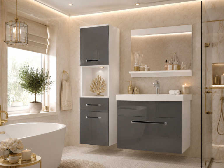 Mobili da bagno Belini grigio lucido + lavabo + specchio Produttore ROD P 3/0/W/S/0/ZW