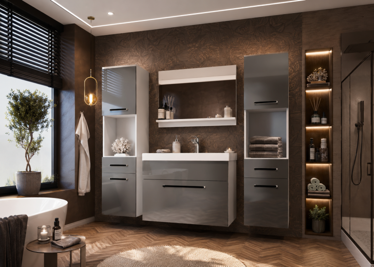 Mobili da bagno Belini grigio lucido + lavabo + specchio Produttore ROD P 6/0/W/S/0/ZW