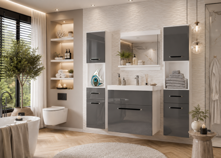 Mobili da bagno Belini grigio lucido + lavabo + specchio Produttore ROD P 6/0/W/S/0/ZW