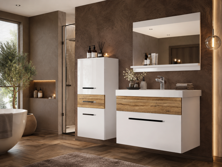 Mobili da bagno Belini bianco lucido / rovere wotan + lavabo + specchio Produttore ROD PM 2/0/W/WDW/0/ZW