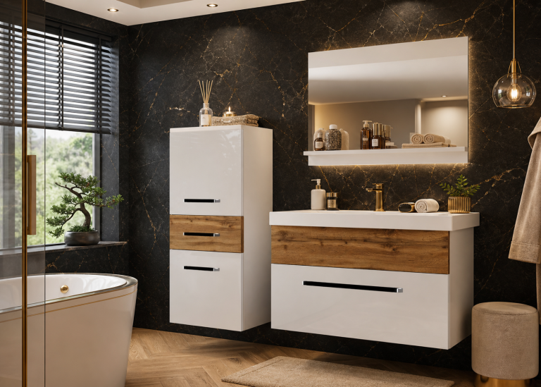 Mobili da bagno Belini bianco lucido / rovere wotan + lavabo + specchio Produttore ROD PM 2/0/W/WDW/0/ZW