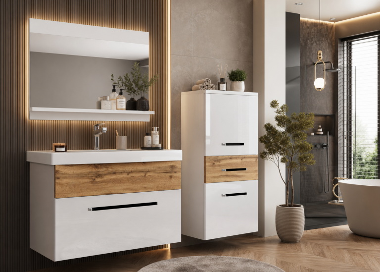 Mobili da bagno Belini bianco lucido / rovere wotan + lavabo + specchio Produttore ROD PM 2/0/W/WDW/0/ZW