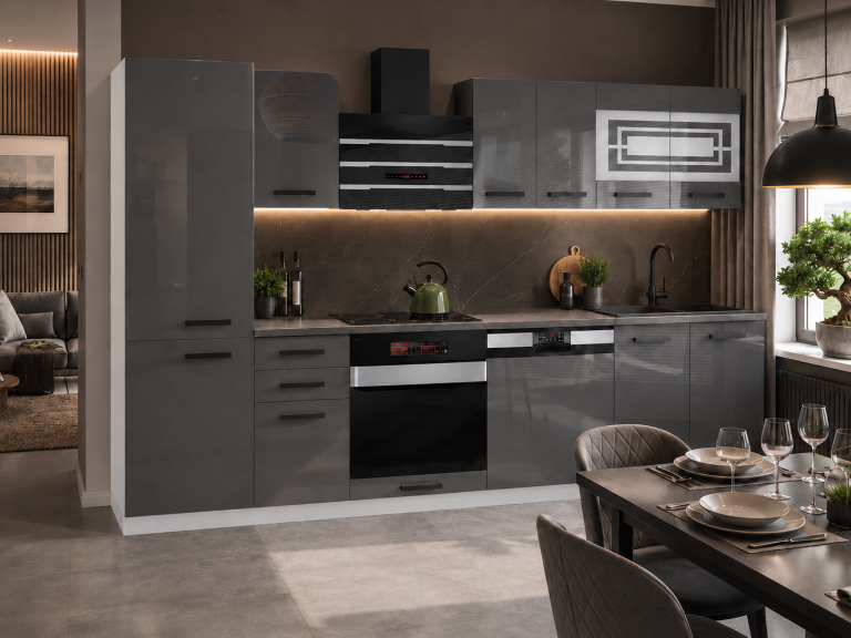 Belini Cucina Premium 300 cm grigio lucido con piano di lavoro CINDY Produttore INF CINDY/0/WT/S/B/B1