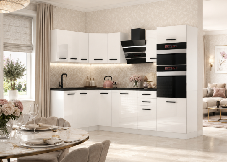Belini Cucina angolare Belini Premium 420 cm bianco lucido con piano di lavoro MELANIE Produttore INF MELANIE/0/WT/W/B/B1