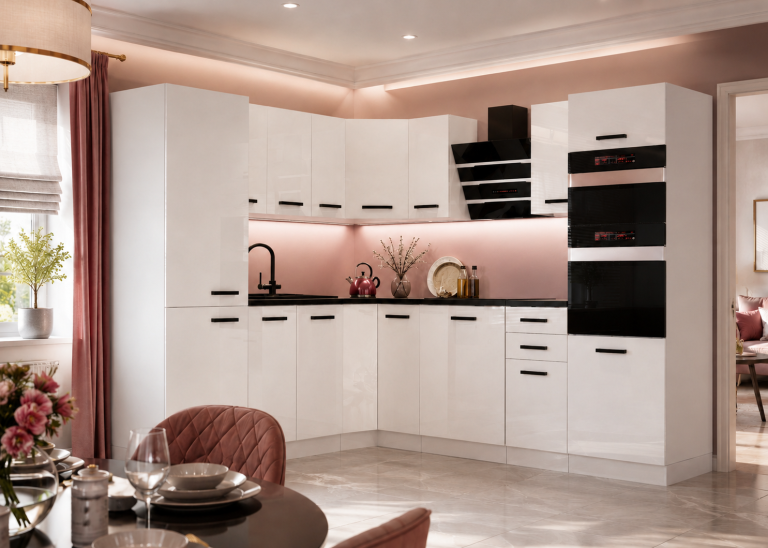 Belini Cucina angolare Premium 480 cm bianco lucido con piano di lavoro STACY Produttore INF STACY/0/WT/W/B/B1