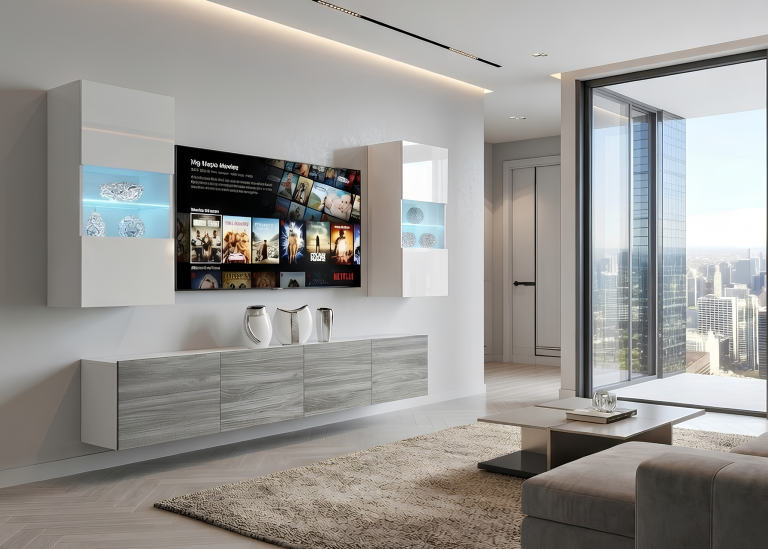 Parete attrezzata Belini Premium Versione completa Bianco lucido / Grigio antracite Glamour Wood + Illuminazione LED Nexum 101 Produttore NEX 7/0/W/WGW1/0/0/PP