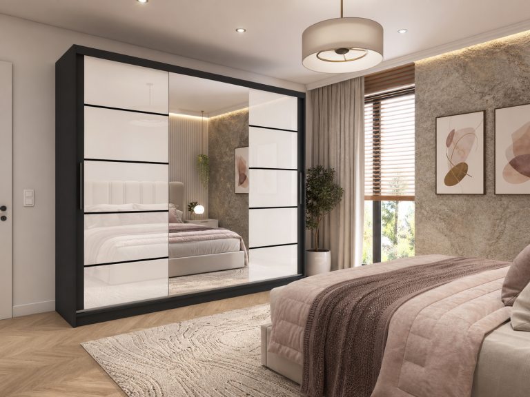Armadio 235 cm Belini nero opaco / bianco lucido con ante scorrevoli a specchio e cassetti Produttore MGB SZP8/0/B/2W1L/KLP