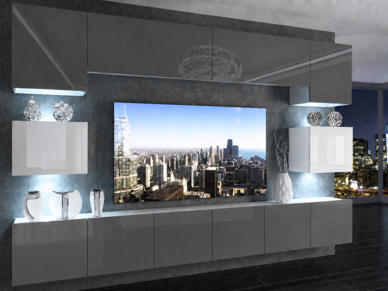 Parete attrezzata TV / mobile TV 300 cm grigio lucido e bianco lucido  Produttore IMP 3/5/W/SWS/0/0