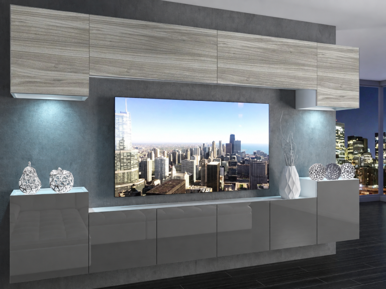 Parete attrezzata TV / mobile TV 300 cm grigio lucido e Glamour Wood  Produttore IMP 4/5/W/GW1S/0/0