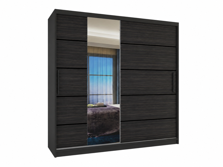 Armadio scorrevole 200 cm PREMIUM CON CASSETTI E SPECCHIO, nero, ebano reale opaco  Produttore MBP  SZP5/1/B/HK/0/KLP