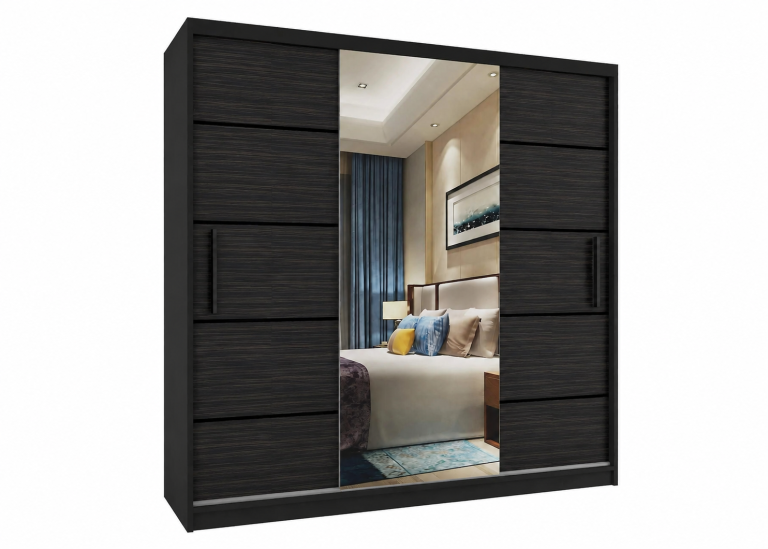 Armadio scorrevole 200 cm PREMIUM CON CASSETTI E SPECCHIO, nero, ebano reale  Produttore MT  SZP5/1/B/HK/0/KLP