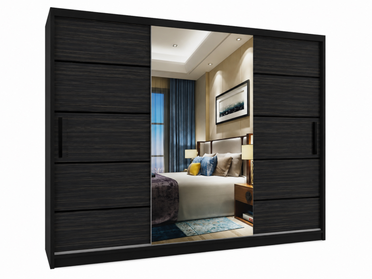 Armadio scorrevole 232 cm con specchio, nero, ebano reale opaco  Produttore MZ  SZP4/2/1B/2HK1L/0/BL