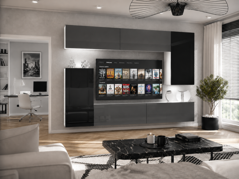 Parete attrezzata TV / mobile TV 250 cm grigio lucido e nero lucido  Produttore IMP 8/5/W/SBBS/0/0