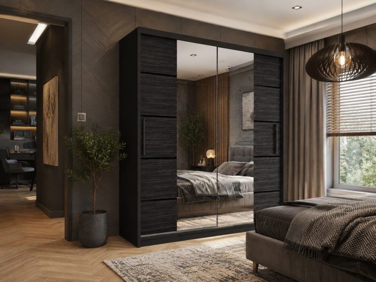 Armadio scorrevole 133 cm PREMIUM CON CASSETTI, nero, ebano scuro  Produttore ME  SZP6/1/B/HK/0/KLP