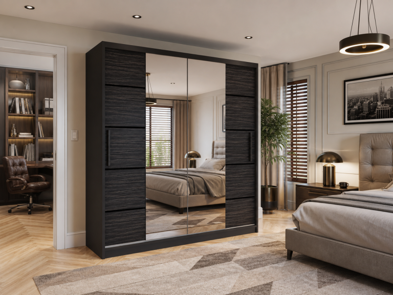 Armadio scorrevole 158 cm PREMIUM CON CASSETTI, nero, ebano scuro  Produttore ME  SZP7/0/B/HK/0/KLP