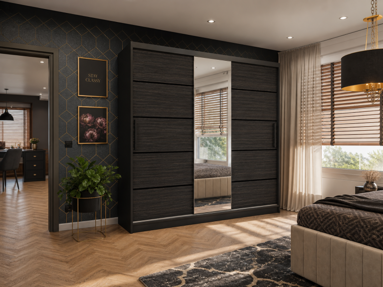 Armadio scorrevole 200 cm PREMIUM CON CASSETTI E SPECCHIO, nero, ebano reale  Produttore MT  SZP5/1/B/HK/0/KLP
