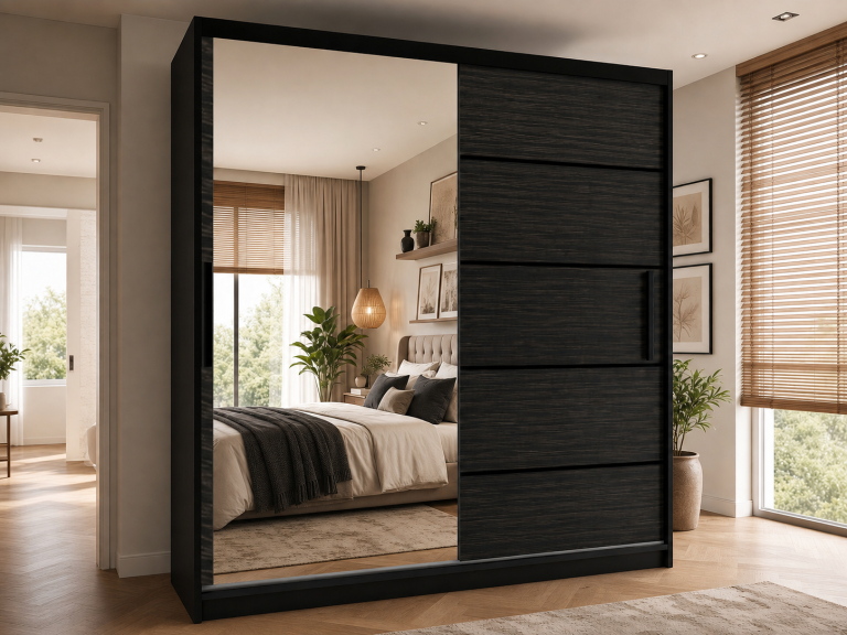 Armadio scorrevole 200 cm con specchio, nero, ebano reale  Produttore MZ  SZP1/2/B/HK/0/BL