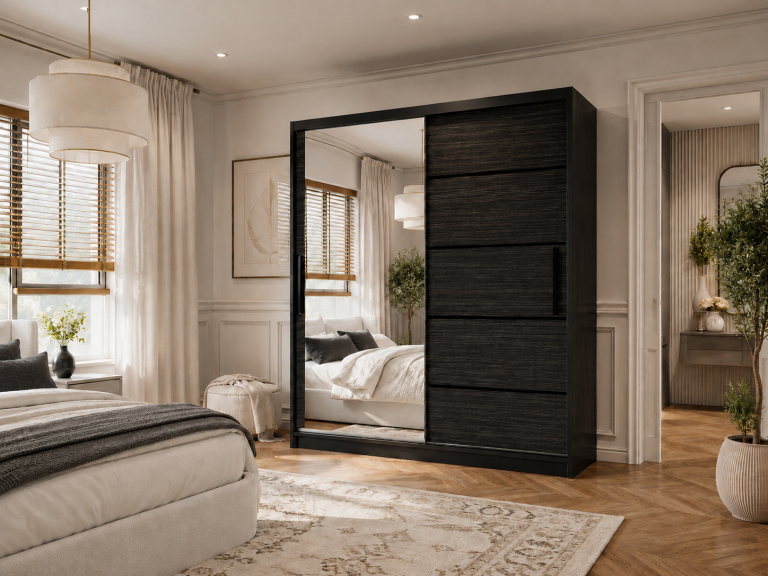 Armadio scorrevole 158 cm con specchio, nero, ebano reale opaco  Produttore MZ  SZP3/1/B/HK/0/BL