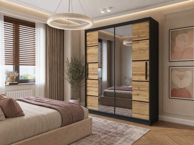 Armadio 133 cm Belini nero opaco / rovere wotan con ante scorrevoli a specchio e cassetti Produttore ME SZP6/1/B/DW/0/KLP