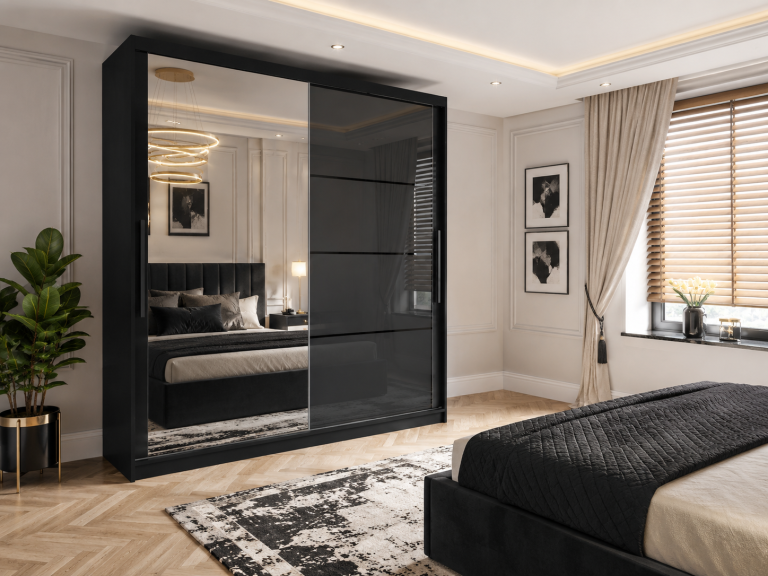 Armadio 200 cm Belini nero opaco / grigio lucido con ante scorrevoli a specchio e cassetti Produttore MGB SZP5/1/B/1L5S/KLP

