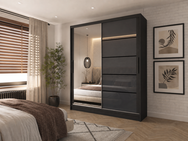 Armadio 133 cm Belini nero opaco / grigio lucido con ante scorrevoli a specchio e cassetti Produttore MGB SZP6/1/B/1L5S/KLP
