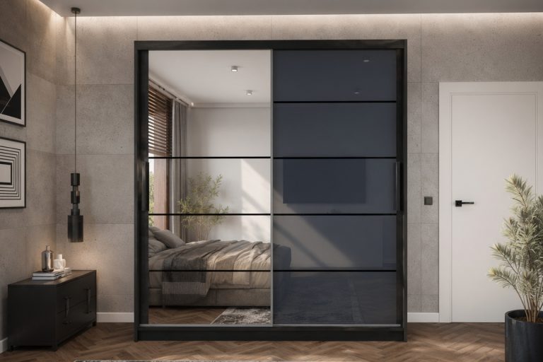 Armadio 158 cm Belini nero opaco / grigio lucido con ante scorrevoli a specchio e cassetti Produttore MGB SZP7/0/B/1L5S/KLP
