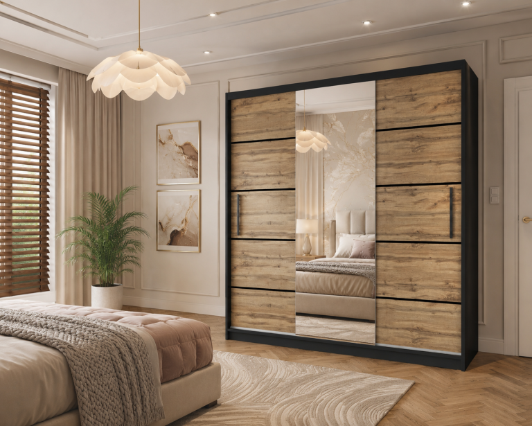 Armadio 200 cm Belini nero opaco / rovere wotan con ante scorrevoli a specchio e cassetti Produttore MT SZP5/1/B/DW/0/KLP