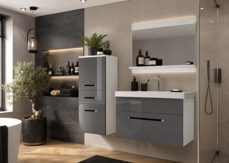 Mobili da bagno Belini grigio lucido + lavabo + specchio Produttore ROD P 2/0/W/S/0/ZW