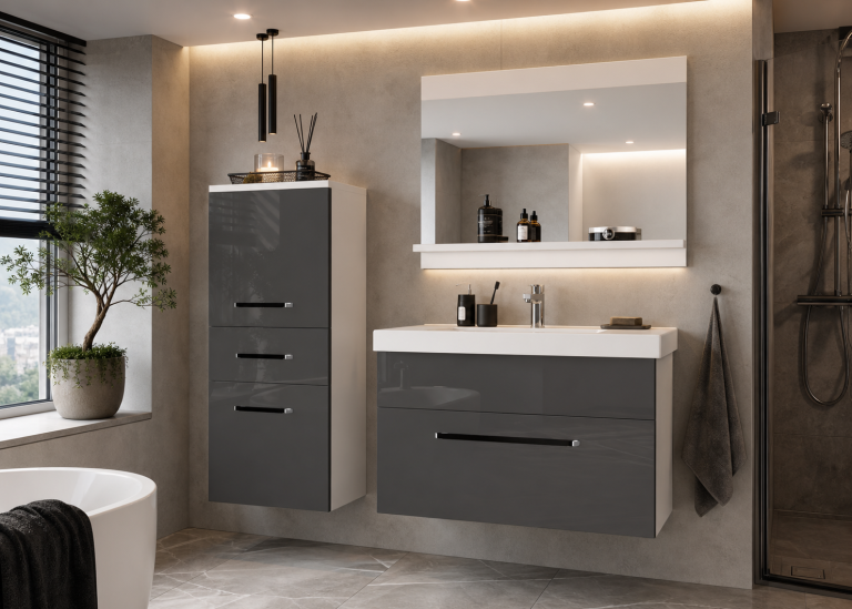 Mobili da bagno Belini grigio lucido + lavabo + specchio Produttore ROD P 2/0/W/S/0/ZW