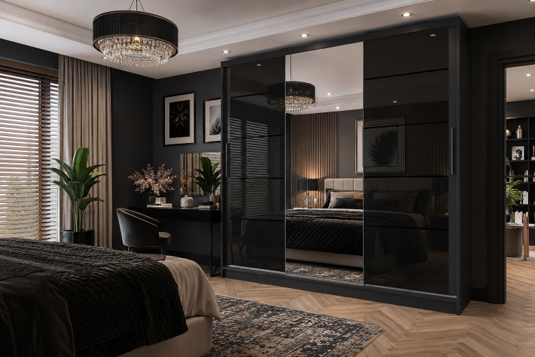 Armadio 235 cm Belini nero opaco / nero lucido con ante scorrevoli a specchio e cassetti Produttore MGB SZP8/0/B/2B1L/KLP