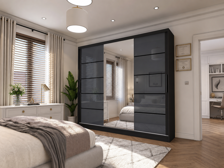 Armadio 235 cm Belini nero opaco / grigio lucido con ante scorrevoli a specchio e cassetti Produttore MGB SZP8/0/B/2S1L/KLP