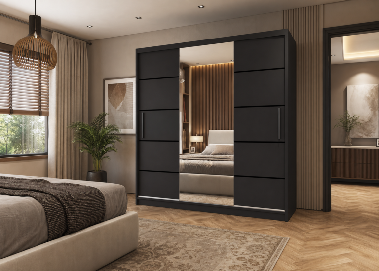 Armadio scorrevole da 200 cm PREMIUM CON CASSETTI con specchio grigio antracite grafite  Produttore






