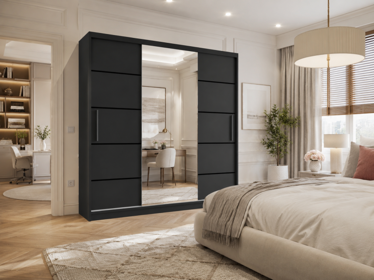 Armadio scorrevole da 200 cm PREMIUM CON CASSETTI con specchio grigio antracite grafite  Produttore






