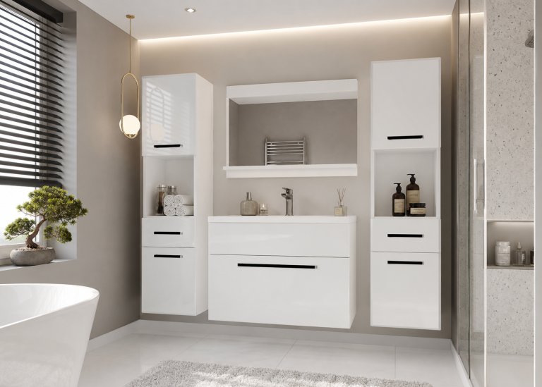 Mobili da bagno Belini bianco lucido + lavabo + specchio Produttore ROD P 6/0/W/W/0/ZW
