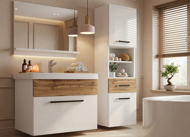 Mobili da bagno Belini bianco lucido / rovere wotan + lavabo + specchio Produttore ROD PM 3/0/W/WDW/0/ZW