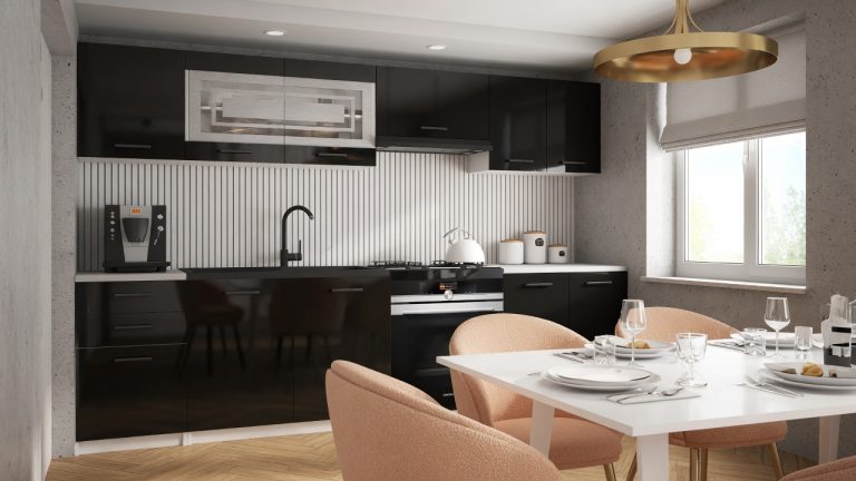 Mobili da cucina 240 cm nero lucido con piano di lavoro Produttore INF MARIKA2/5/WT/B/0/B1