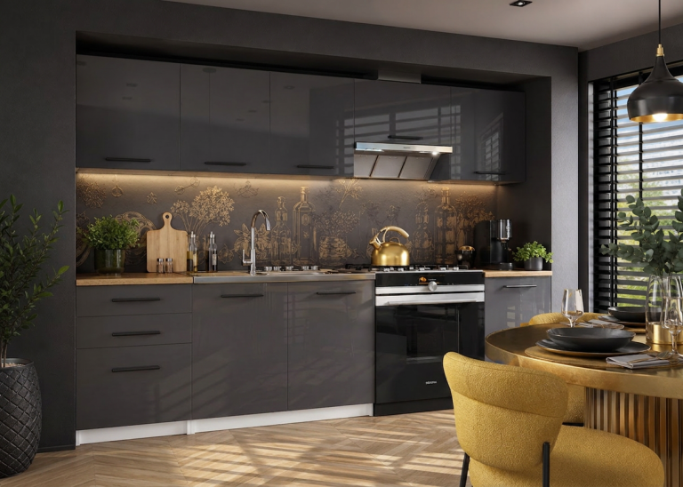Mobili da cucina 240 cm grigio lucido con piano di lavoro Produttore INF UNIQA/4/WT/S/0/B1