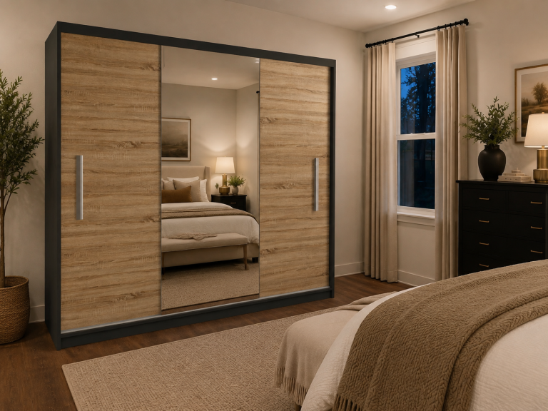 Armadio scorrevole 200 cm PRIMO con specchio rovere sonoma opaco – Produttore MES PRIMO SZP1/1/B/DS/0/AL