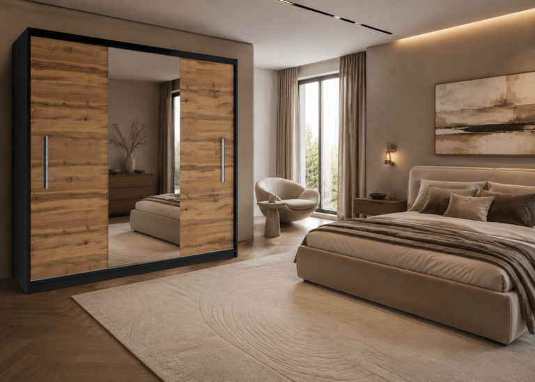 Armadio scorrevole 200 cm PRIMO con specchio rovere wotan opaco – Produttore MES PRIMO SZP1/1/B/DW/0/AL