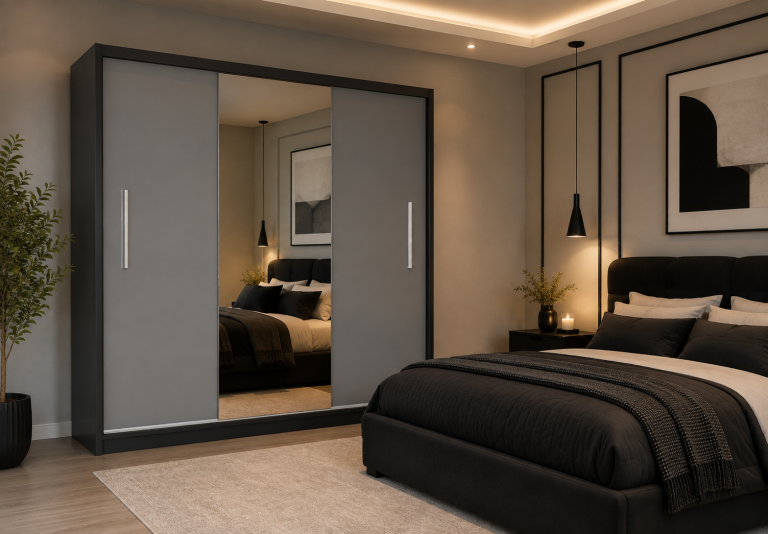 Armadio scorrevole 200 cm PRIMO con specchio grigio opaco – Produttore MES PRIMO SZP1/1/B/SR/0/AL
