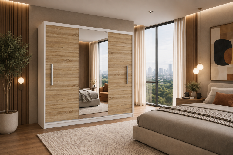 Armadio scorrevole 200 cm PRIMO con specchio rovere wotan / rovere sonoma – Produttore MES PRIMO SZP1/1/W/DS/0/AL