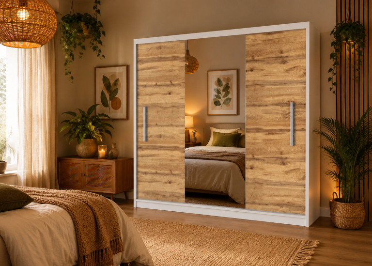 Armadio scorrevole 200 cm PRIMO con specchio rovere wotan / rovere sonoma – Produttore MES PRIMO SZP1/1/W/DW/0/AL